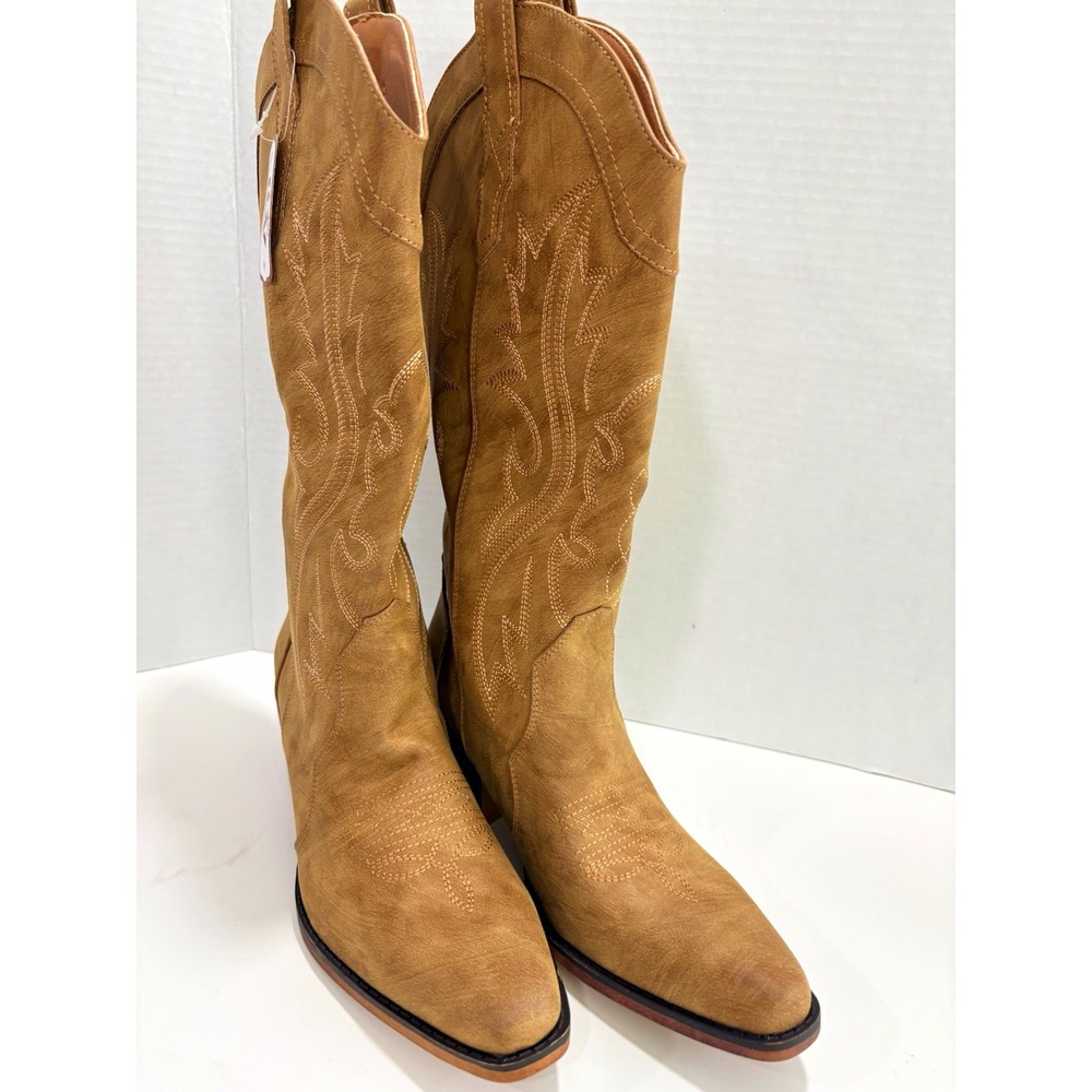 LUV Tan Suede Knee High Western Boots Embroidered Pull On EU 38 US 8